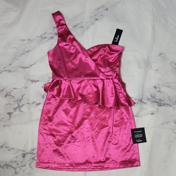 Lulus Flirtatious Energy Pink Satin One-Shoulder Bodycon Mini Dress - Picture 1 of 6